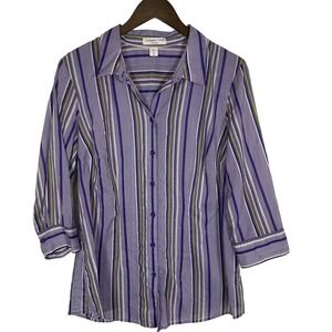 Coldwater Creek 3/4 Sleeve No Iron Button Up Shirt Purple Stripe XL Lightweight